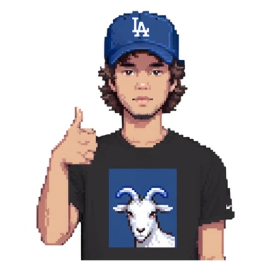 young man with a goat t-shirt, Dodgers hat, giving a thumbs down sticker