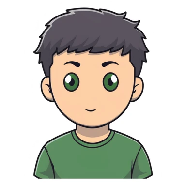 white man with dark messy short hair, dark green eyes, wearing a gray t-shirt sticker