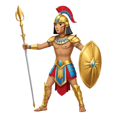 fullbody egyptian ancient soldier with spear and golden armor, gold spear, gold helmet, action stance, only gold colors, no red or blue sticker