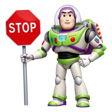 Buzz Lightyear character with a red stop sign above him sticker