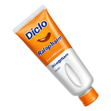 an empty, oversized and totally squeezed out tube of toothpaste labelled "Diclo ratiopharm". It is squeezed out and totally crumpled, flattened. Basic color is orange yellowish. sticker