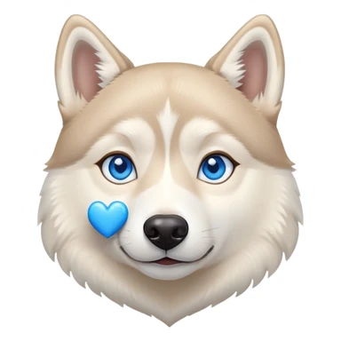 Beige husky with blue eyes holding a blue heart sticker