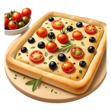 cinematic-realistic-isometric focaccia-bread-dish-emoji,-depicted-as-a-golden,-olive-oil-brushed-flatbread-sprinkled-with-herbs-rendered-with-lifelike-texture-and-soft,-appetizing-lighting showing olives on top and the cherry tomatoes sliced sticker