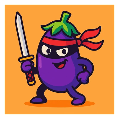 eggplant ninja, holding a katana, playful expression, cartoon style, vibrant and fun sticker