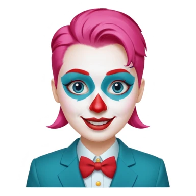 Pink slicked-back hair.

White face paint with blue eyebrows and eye makeup.

Big red nose and wide smile with red lipstick.

Wearing a teal suit with a yellow shirt and red buttons. sticker