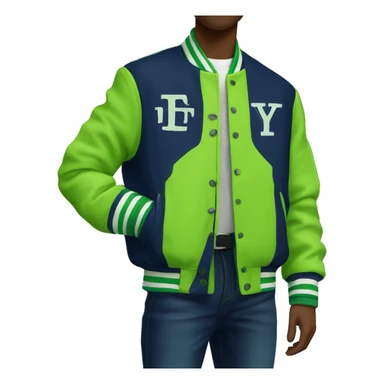 Navy blue college jacket with lime green and white letters sticker