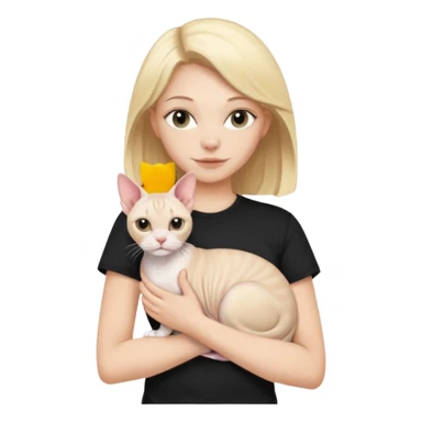 A white girl with blonde hair black T-shirt is holding a white Sphynx girl cat in her arms sticker