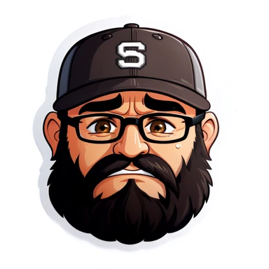 A man with a grey baseball cap, hazel eyes, big dark brown beard and glasses, crying with tears sticker