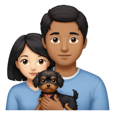 A couple holding holding a small Yorkshire Terrier together. The girl is an Asian girl with long, luscious wavy black hair (loose, no hair tie). She is standing beside a brown-skinned man with a short middle part haircut.  sticker