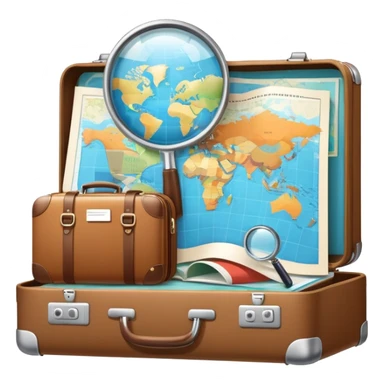 An icon featuring a suitcase, a hotel building, symbolizing the academic study of tourism and hospitality. The design includes a travel map and a magnifying glass, representing research into destinations and hospitality management. Transparent background sticker