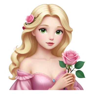 Cinematic Realistic Sleeping Beauty (Aurora) Portrait, with porcelain-like skin featuring a natural rosy flush, illuminated by soft lighting that highlights the gentle contours of her face. Her golden blonde hair flows in soft, detailed waves with subtle highlights that shimmer in the light. Her deep violet-blue eyes radiate warmth and innocence, framed by arched brows and long lashes. With a soft, serene smile, she holds a delicate rose gently in one hand, her other hand resting lightly by her side. She is dressed in her classic pink gown, the fabric rich in texture with delicate folds that catch the light. A golden crown rests atop her head, gleaming with royal refinement. The portrait captures a soft, glowing aura, blending realism with an ethereal sense of beauty and timeless enchantment. sticker