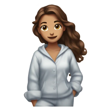 A girl with brown hair, brown eyes, absolutely stunning and gorgeous, and dancing with her pajamas that has Aespa on it sticker