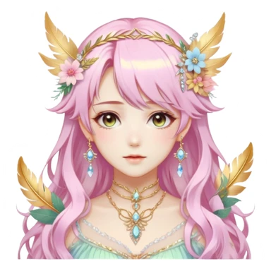 Beautiful gorgeous anime lady with beautiful pastel-special-hair, fashion aesthetic, ethereal, fairycore, pastelcore, feather, flower, crystals, accessories, gold jewelries, gold, colorful, gold laurel, gold halo, cottagecore,  sticker