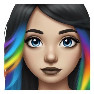 Hyperrealistic drawing white girl blue eyes and long black hair with rainbow fringe. Wearing black crop top and has dark eye makeup on her eyes sticker