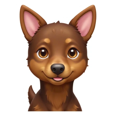 Cinematic Cute Brown and Tan Kelpie Portrait Emoji, Head tilted playfully and inquisitively, featuring a glossy brown Fur with vibrant tan accents, round, sparkling warm eyes filled with curiosity, Simplified yet irresistibly adorable features, highly detailed, glowing with a warm, friendly glow, high shine, affectionate and spirited, stylized with a touch of whimsy, bright and endearing, soft glowing outline, capturing the essence of a mischievous yet loving herder, so playful it feels like it could leap out of the screen and into your arms! sticker