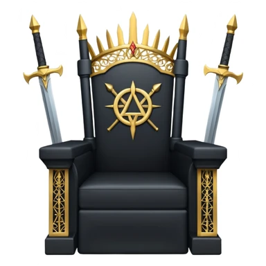wide big iron black throne made of swords with gold filigree and central Illuminati symbol sticker
