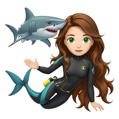 A scuba (long brown wavy hair green eyes) girl and a shark sticker