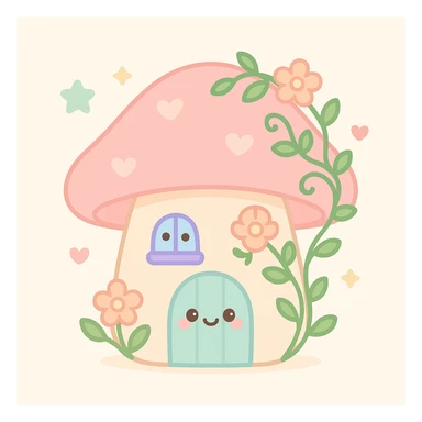 a pink mushroom house with vines and flowers, cottagecore style, dreamy and cozy sticker