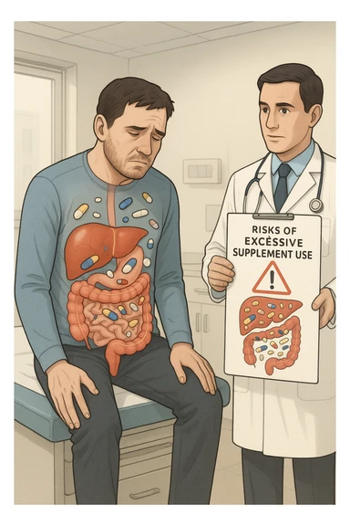 a man sits on a doctor’s examination table, looking fatigued and uncomfortable. A transparent anatomical overlay reveals his liver and intestines, both appearing inflamed and congested, with stylized supplement capsules and pills scattered throughout the digestive tract. The doctor stands nearby, holding a chart that highlights the risks of excessive supplement use. The mood is clinical and educational. sticker