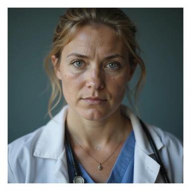 realistic woman with PCOS, slightly overweight body, skin with acne marks, thin hair, serious expression, hyperrealistic 4K details, clinical environment sticker