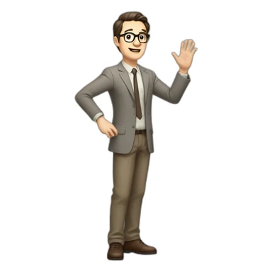 Full height Actively gesturing with hands Pale skinned fit man with dark brown hair in gray jacket, beige office shirt, brown tie, brown pants and vintage glasses. sticker