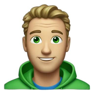 a man, green eyes, blue sweatshirt, green rubies on his head, waves hello sticker