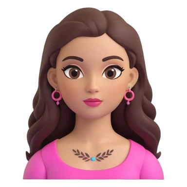 female memoji with oval face, warm light skin tone, rosy cheeks, elegant makeup with long eyelashes, defined eyeliner, soft pink lips, long straight dark brown voluminous hair, arched well-defined eyebrows, dark brown eyes, colorful top, small visible tattoo on arm sticker