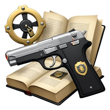 Icon for Action & Crime Reading: an open book with dramatic action scenes, surrounded by a gun, handcuffs, a badge, and a shadowy figure. The icon should evoke suspense, danger, and intrigue of crime and action stories. Transparent background. sticker