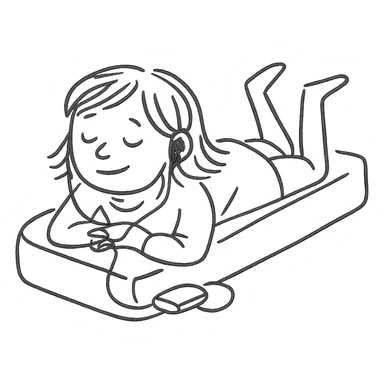 girl lying on bed comfortably listening to music with wired earphones sticker