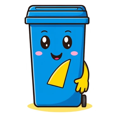 cartoon blue bin with a happy face, waving and saying hi sticker
