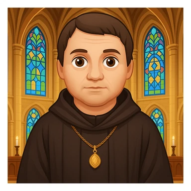 Add a church background behind Martin Luther in monk robes, in the style of apple emojis, preserving the apple emoji style look and feel. sticker