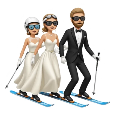 a couple skiing they both have ski helmets and goggles on , man with a beard in a tux and woman in a wedding dress on their skiis going down a slope.  sticker