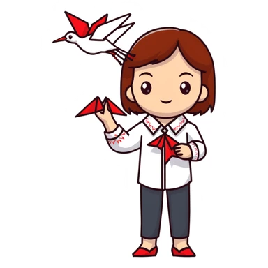 Happy Ukrainian young girl with brown hair in a white embroidered shirt holds an origami red crane sticker