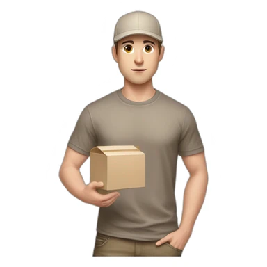 Pale skinned fit Man with dark brown hair in a beige cap, gray jeans and brown polo T-shirt keeping a pasted with tape white box into his hands sticker