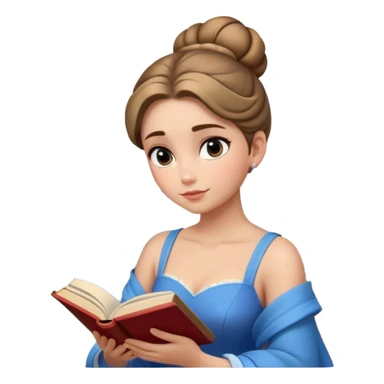 Cinematic Elegant Belle Portrait Emoji, Sitting with an open book, eyes dreamy with thought, her iconic blue village dress draped gracefully, exuding intelligence, kindness, and timeless charm! sticker