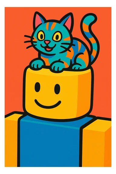 a vibrant colored illustration of a cat peeking out from the top of a Roblox noob's head sticker