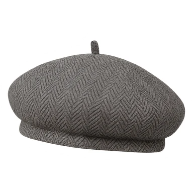a close-up of a herringbone beret, showing the woven pattern, chic and modern, no background sticker