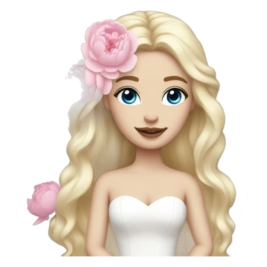 White bride with long light blonde hair and blue eyes with light pink peonies in hair white skin  sticker