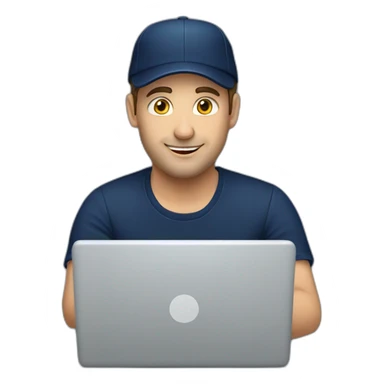 european guy wearing navy cap using laptop sticker
