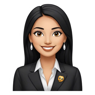 beautiful fit tall woman boss, with long straight black hair, with make up, black eye liner, smile, mexican, brown skin, wearing beautiful profesional outfit and white earings sticker