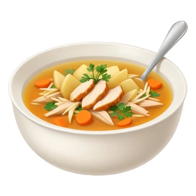 Mexican chicken broth (consomé de pollo): warm golden soup with shredded chicken, carrot, potato, and cilantro in a simple bowl sticker