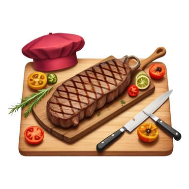 icon featuring a chef’s hat, a cutting board with fresh ingredients, a knife, a beautifully cooked ribeye steak, shashlik skewers, and a plate of food in the making. The design captures the passion of cooking with warm, inviting colors, and realistic textures. Transparent background. sticker
