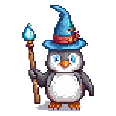A penguin dressed as a wizard, wearing a pointed hat and holding a magic wand sticker