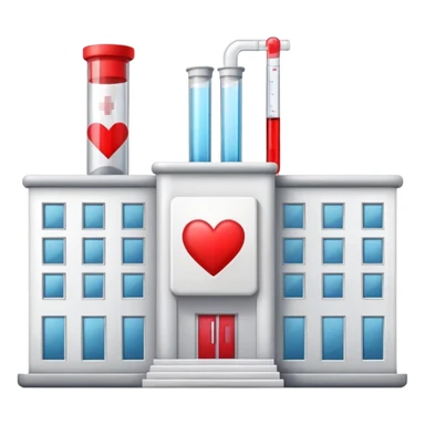 Modern clinic building red cross test tubes heart icon sticker
