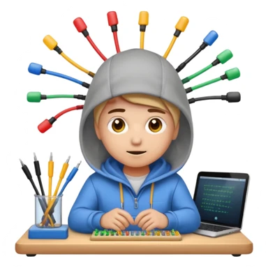 An emoji of an engineer working on a complex breadboard with many colorful wires and components. A Wi-Fi signal icon pulses above their head. They wear a hoodie and have a focused expression. Simple, cute, icon style. sticker