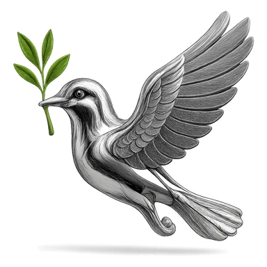 Make the branch in the pigeon's beak green while keeping the rest of the image in chrome style, no background. sticker