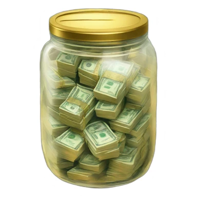 A clear jar with a metallic lid filled with stacks of cash and gold  sticker
