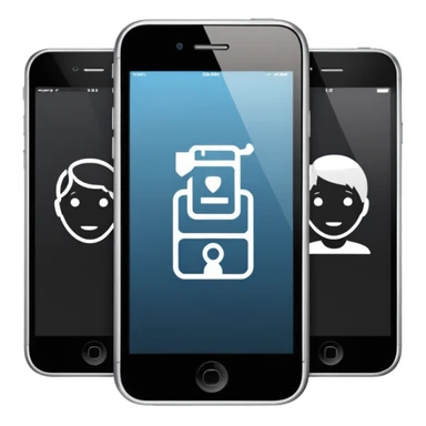 Minimalistic flat vector icon, iOS style, thin black contour on white background. Three small developer silhouettes around a smartphone with code brackets <>. Clean, no text, no shadows. sticker