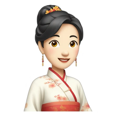 Chinese middle aged lady wear Chinese traditional dresses with a sign of agreeable gesture sticker