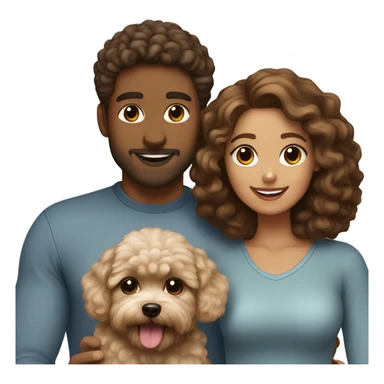 Family of a brown haired man with a curly brown hair girlfriend with a Maltipoo dog creamy colour  sticker